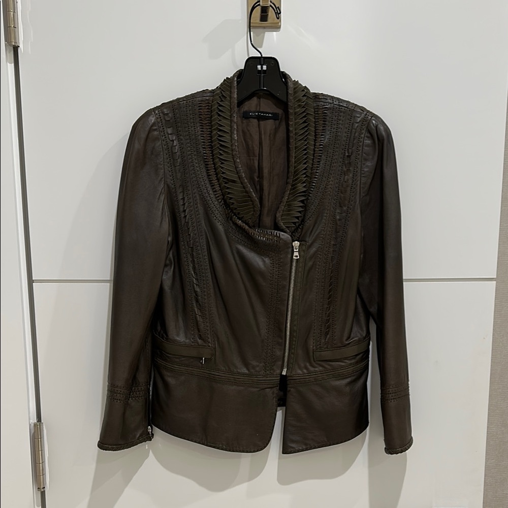 Dark Brown Asymmetrical Leather Jacket with Fitted Silhouette